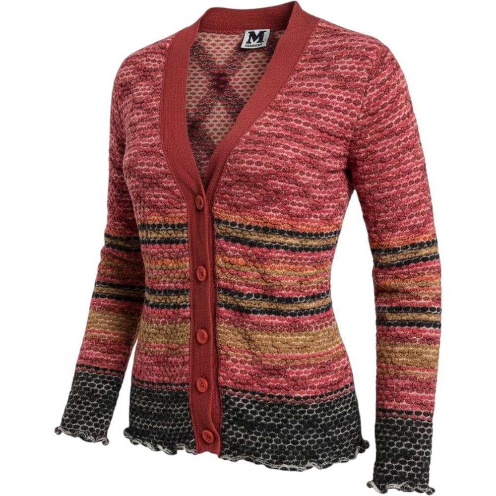 M Missoni Red Multi Textured Merino Wool Blend Button Front Cardigan Size 8